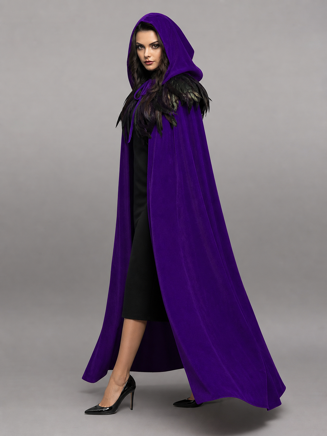 Purple hooded feather-trimmed velvet cape product view 24