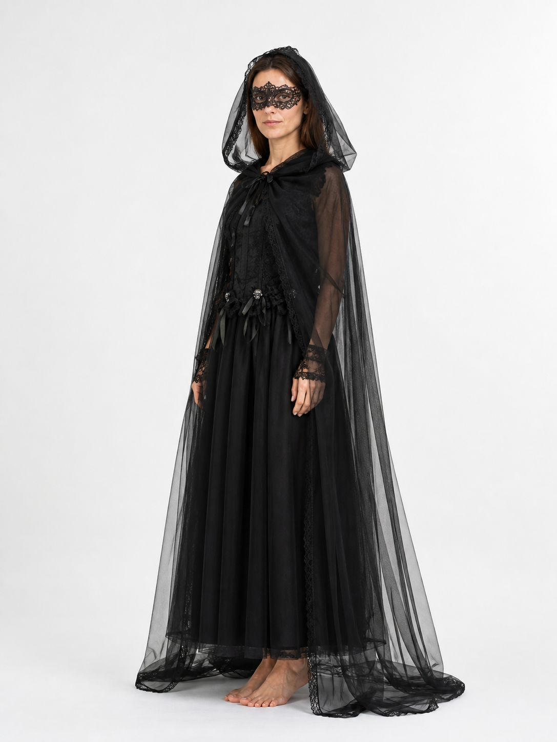 Witch Costume with Sheer Cape and Mask side view
