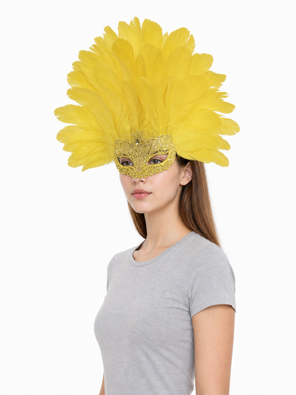 Carnival Mask with Yellow Feathers and Glitter