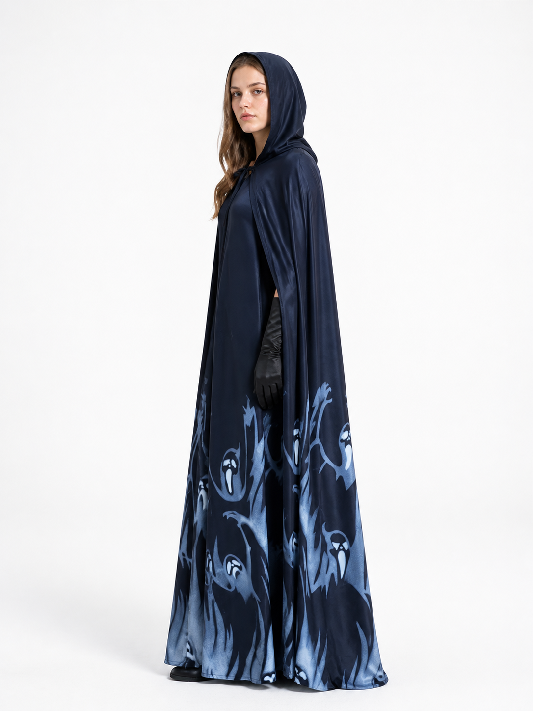 Witch Costume with Hood and Long Ghost-Patterned Dress side view