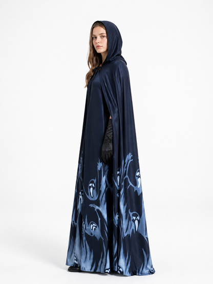 Witch Costume with Hood and Long Ghost-Patterned Dress side view