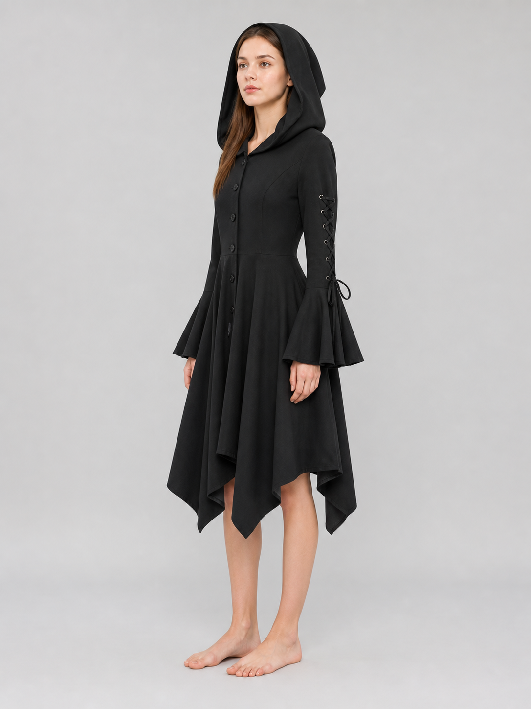 Gothic Hooded Dress with an Asymmetrical Hem