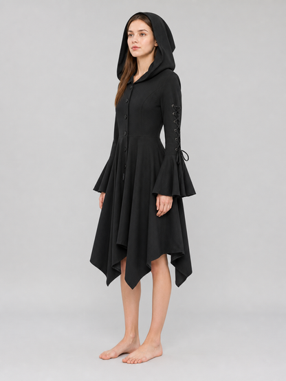 Gothic Hooded Dress with an Asymmetrical Hem
