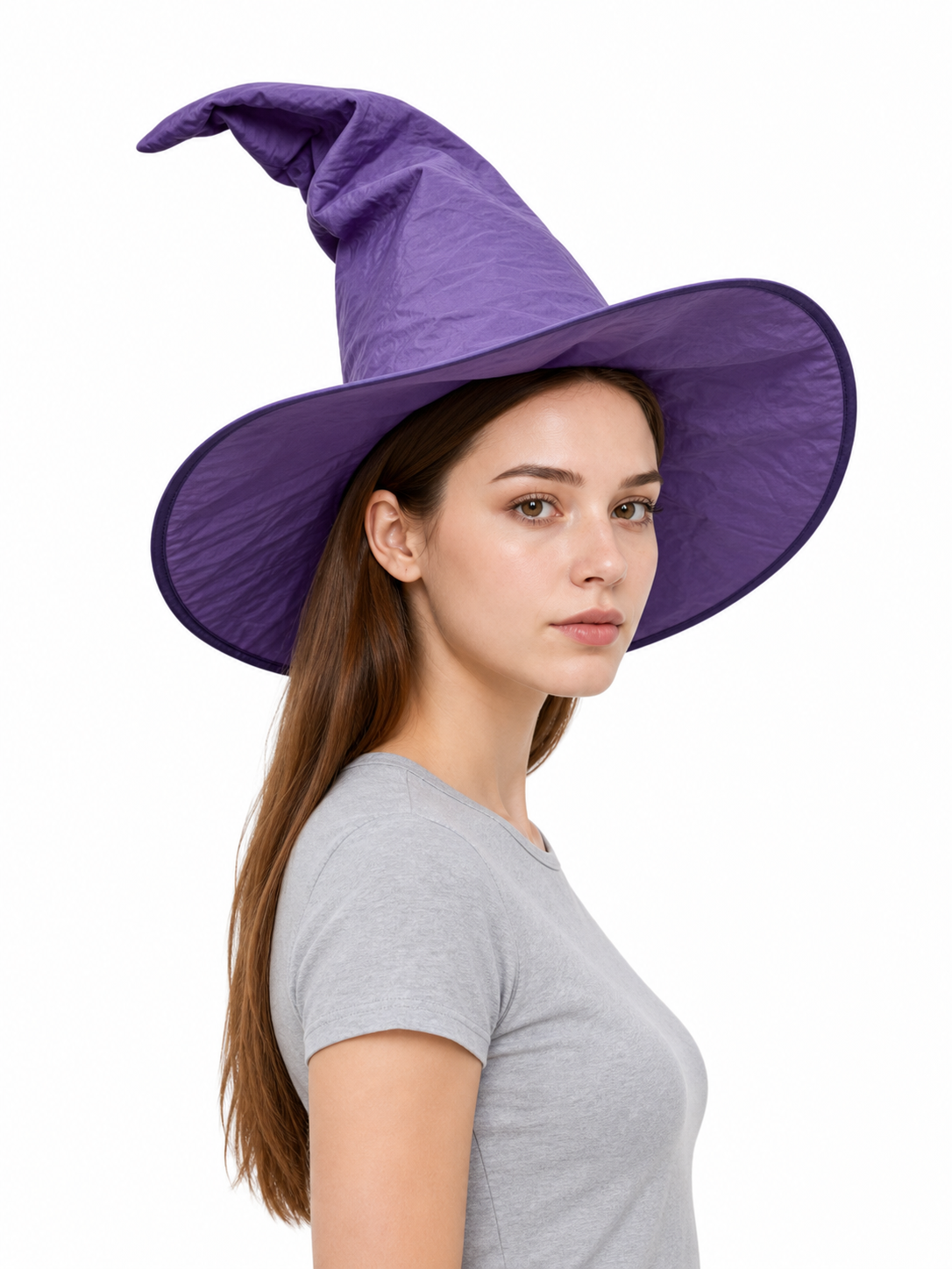 Purple pointed witch hat shown from the side on a model wearing a gray shirt