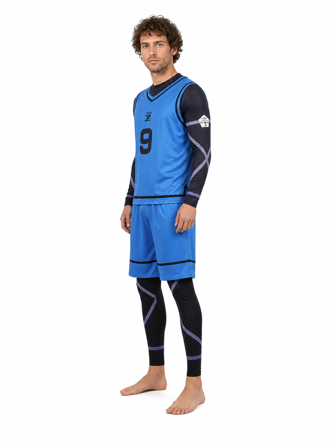 Blue Striped Soccer Cosplay Costume, Number 9 side view