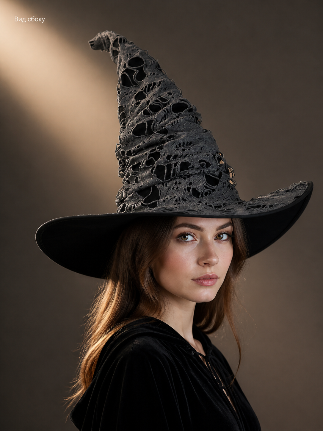Gray Black Halloween Witch Hat For Women Wide Brim Curved Pointed Tattered Torn side view