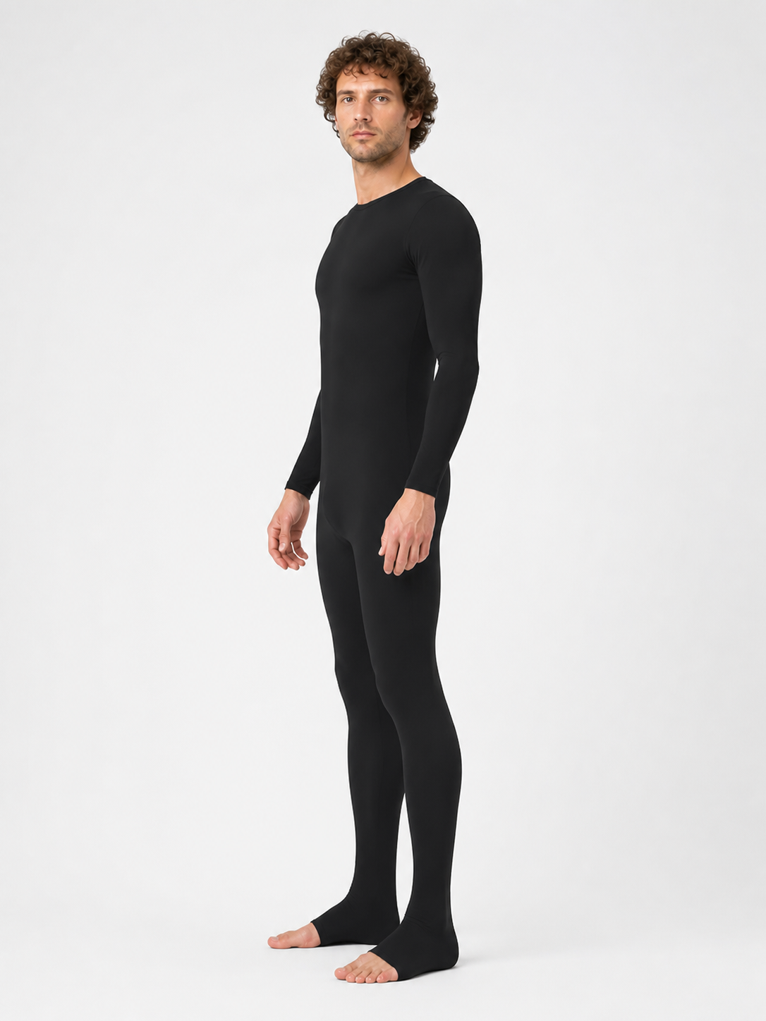 Black form-fitting zentai jumpsuit with covered feet side view