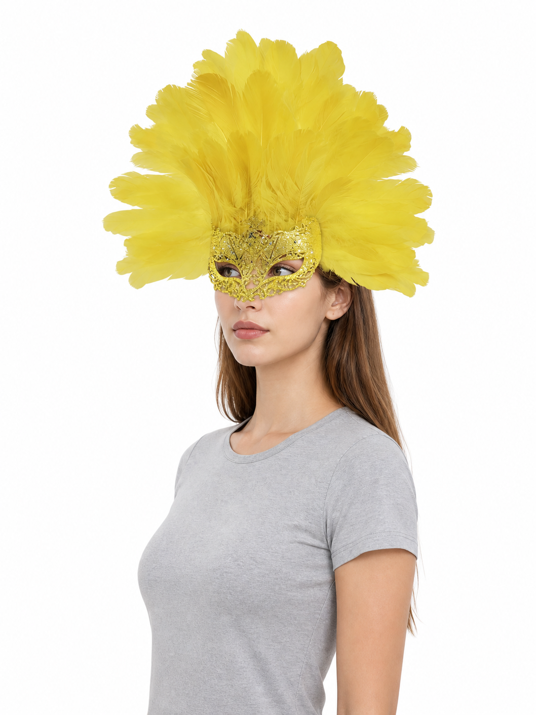 Carnival Mask with Yellow Feathers and Glitter
