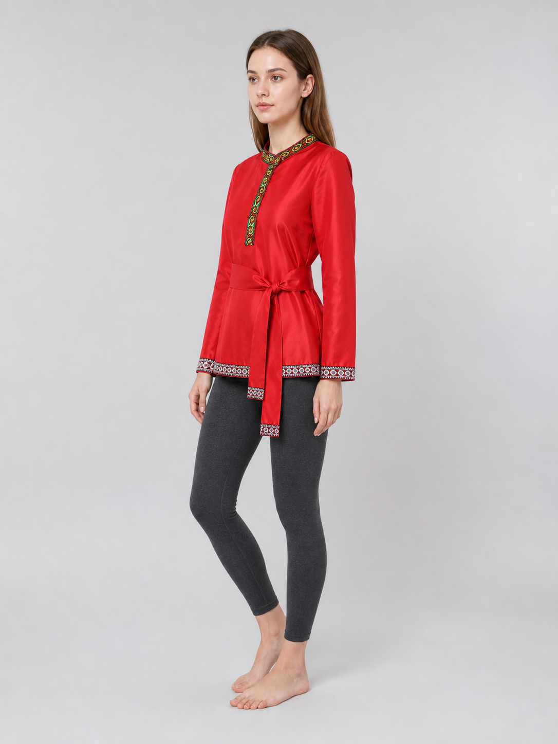Red Tunic with Ornament, Stand-Up Collar, and Belt