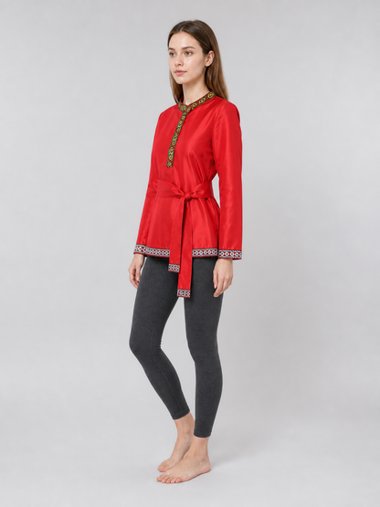 Red Tunic with Ornament, Stand-Up Collar, and Belt
