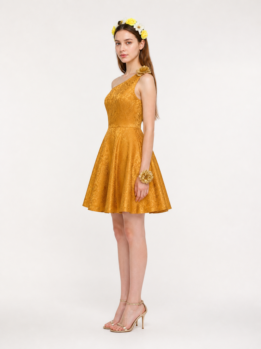 Gold One-Shoulder Dress with Flowers for Cosplay side view