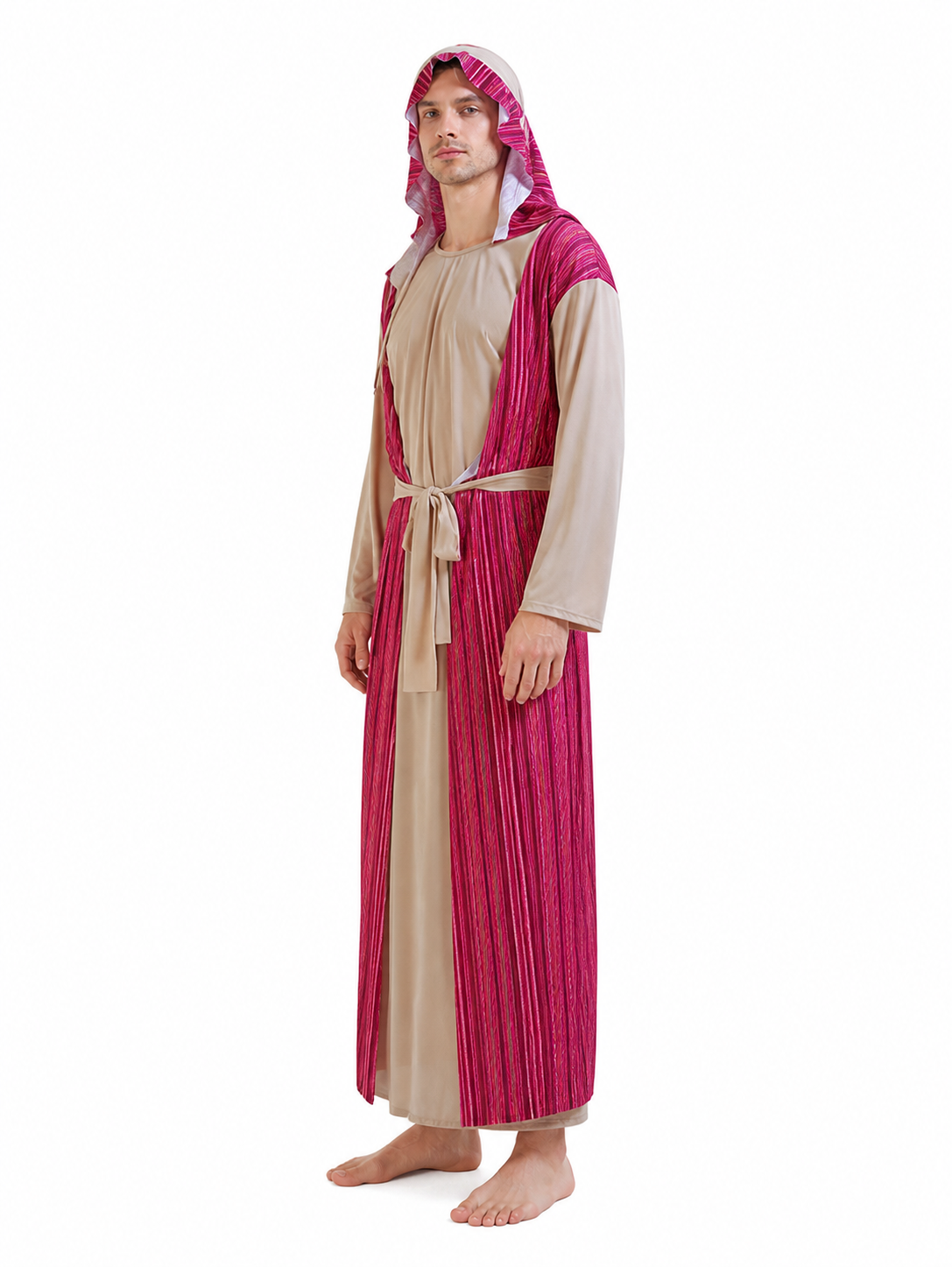 Hooded Halloween Cloak, Beige with Burgundy Stripes