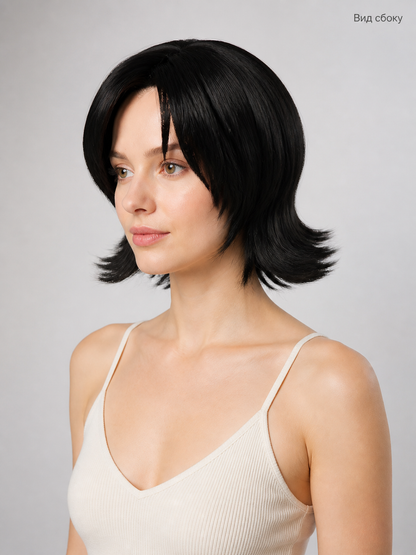 Short Black Carnival Wig with Side-Swept Bangs side view