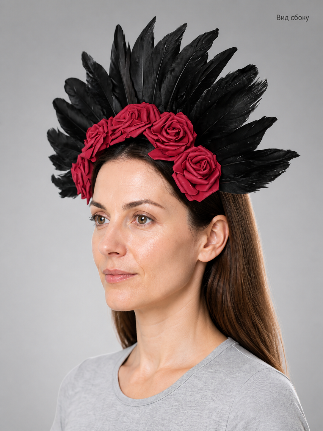 Carnival Headband with a Red Rose and Black Feathers side view