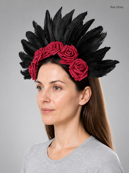 Carnival Headband with a Red Rose and Black Feathers side view