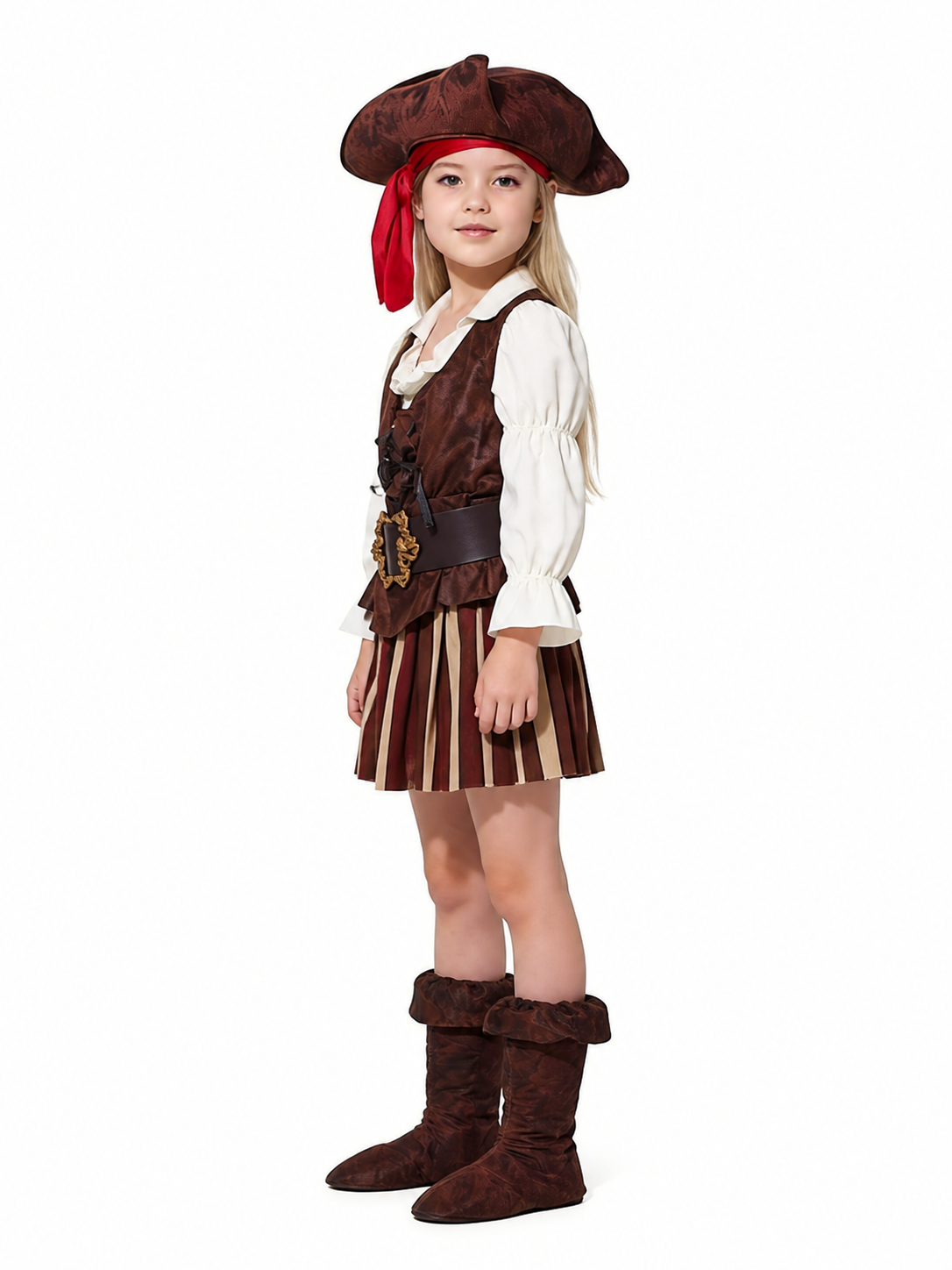 Children’s Pirate Costume with Striped Skirt and Hat side view