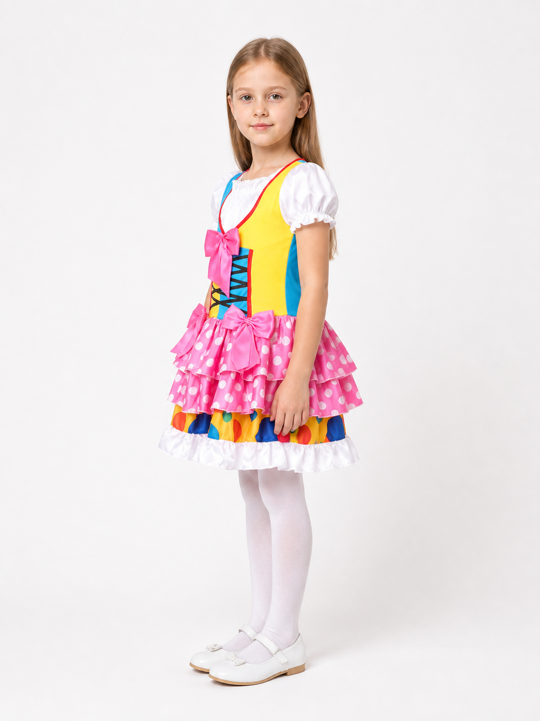Clown Costume with Pink Polka Dots and a Full Skirt side view