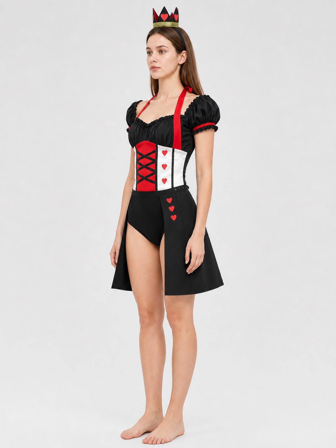 Queen of Hearts Carnival Jumpsuit Costume with Crown and Hearts