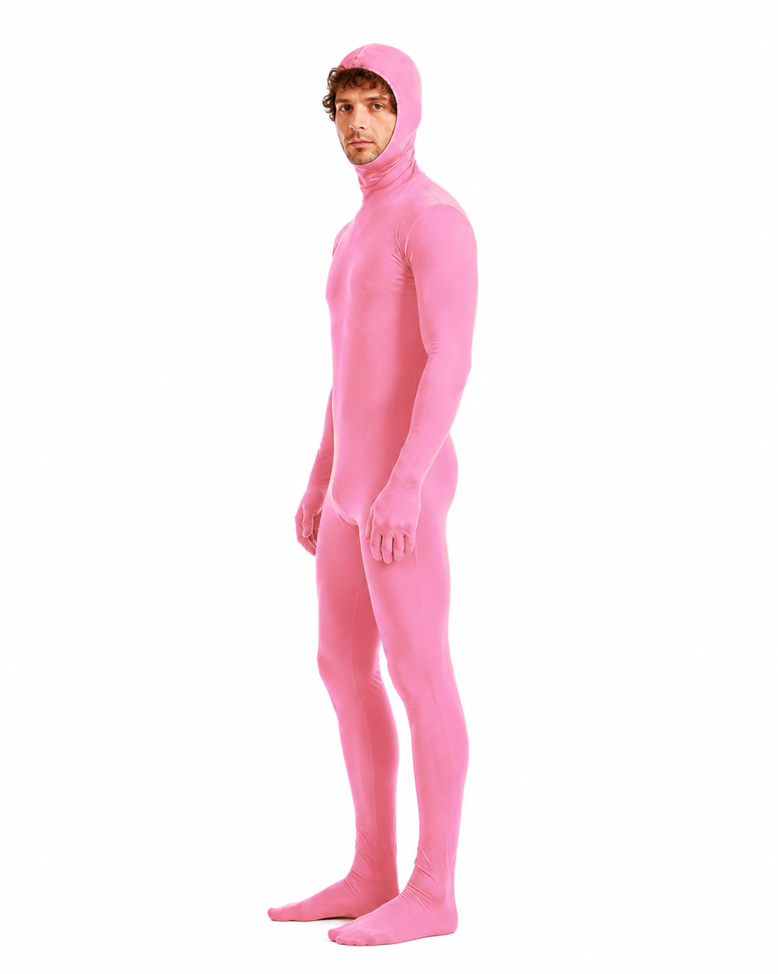 Pink one-piece zentai jumpsuit with an integrated hood side view