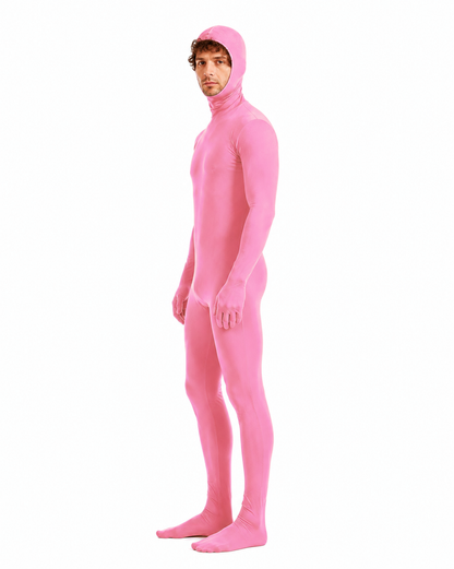 Pink one-piece zentai jumpsuit with an integrated hood side view