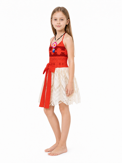 Children's halter dress with a red bodice and long ties side view