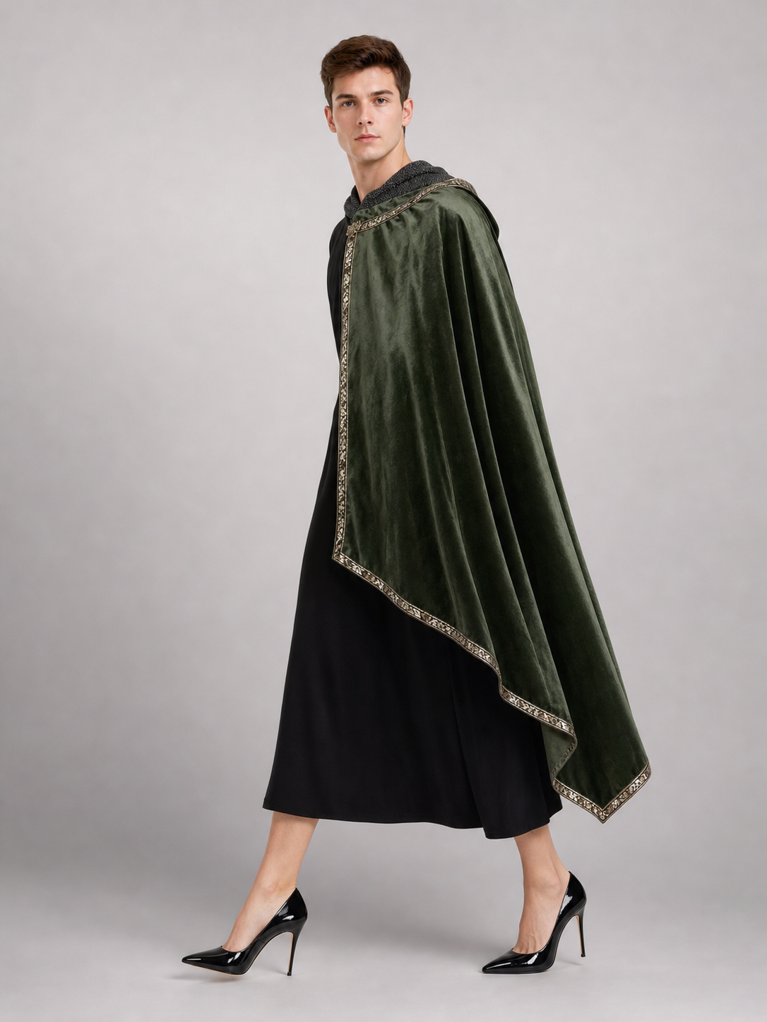 Green asymmetrical long carnival cape