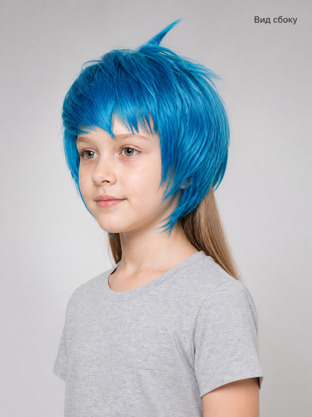 Blue Short Cosplay Wig, Voluminous, with Bangs side view