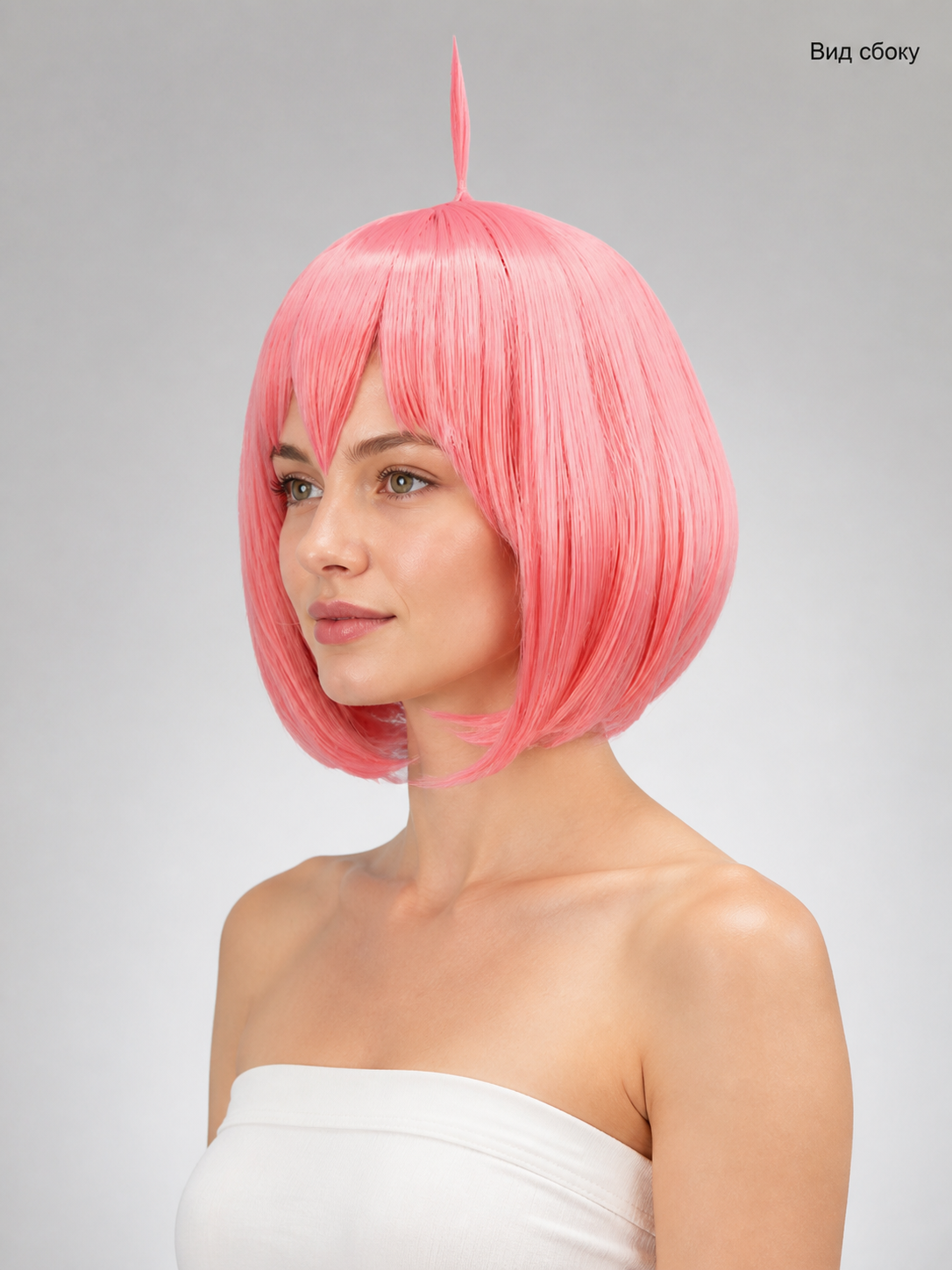Pink Short Bob Cosplay Wig with Side-Swept Bangs side view