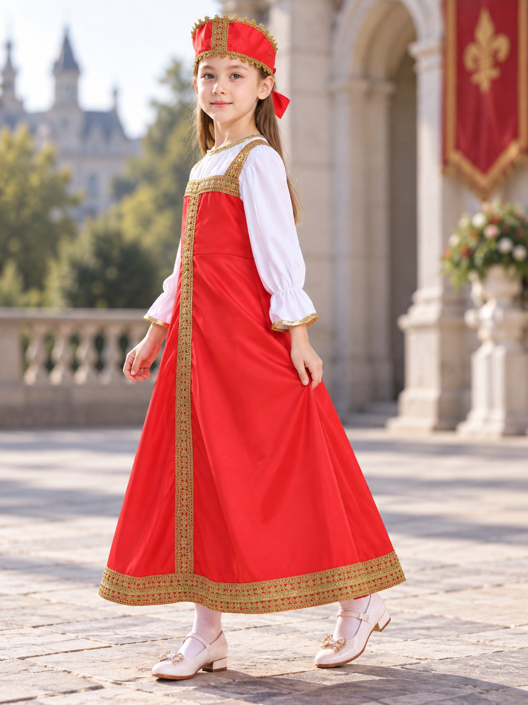 Red Carnival Dress with Gold-Toned Trim side view
