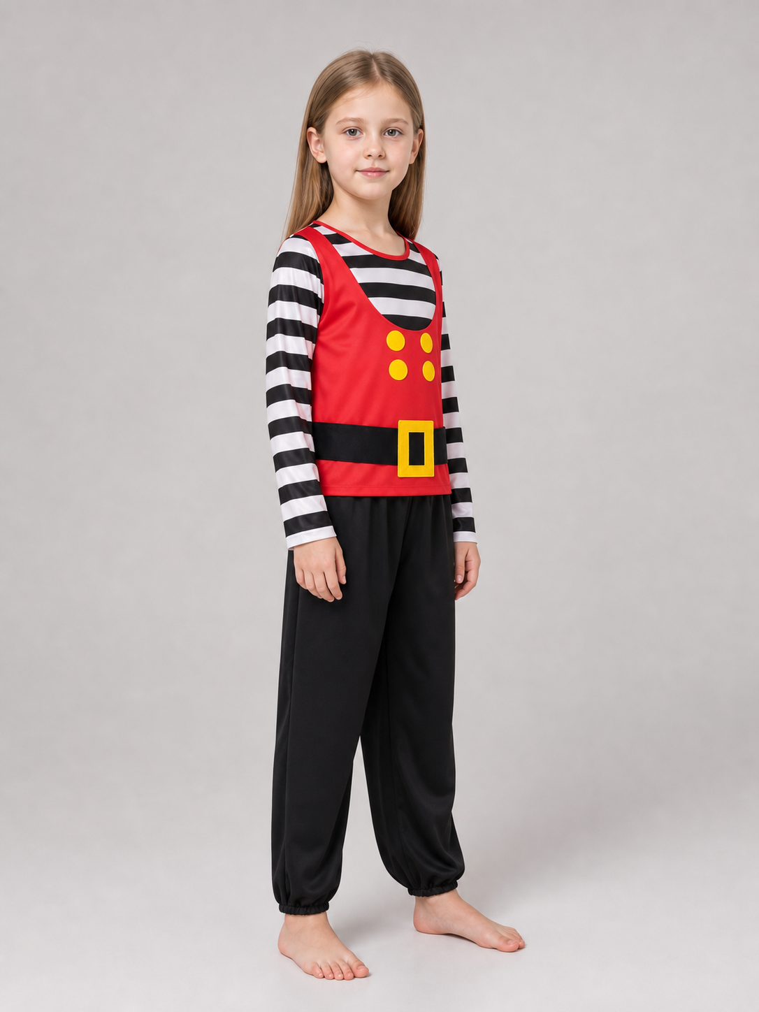 Side view of a girl wearing a red pirate vest, black-and-white striped sleeves and loose black pants