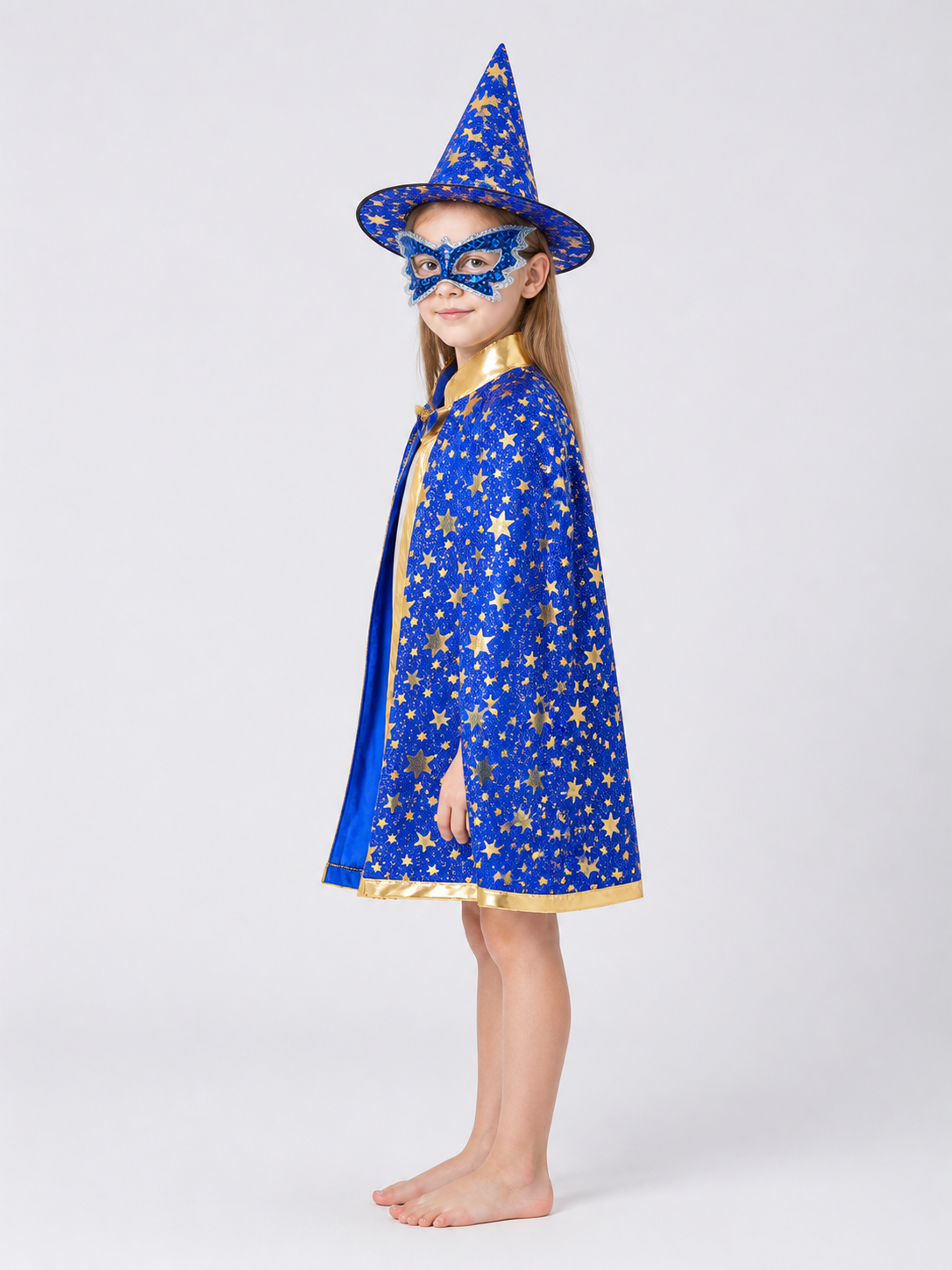 Magical Carnival Costume with Cape, Hat, and Mask side view