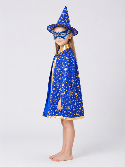 Magical Carnival Costume with Cape, Hat, and Mask side view
