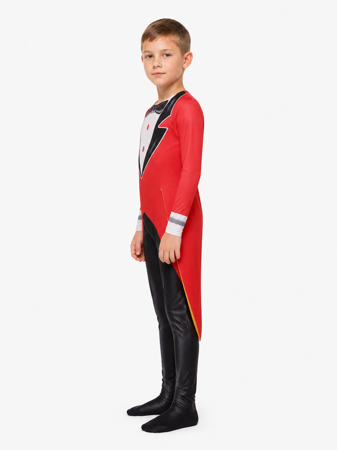 Clown Cosplay Jumpsuit, Red and Yellow Stripes, Tailcoat side view