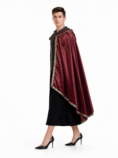 Burgundy velvet-look hooded costume cape product view 35