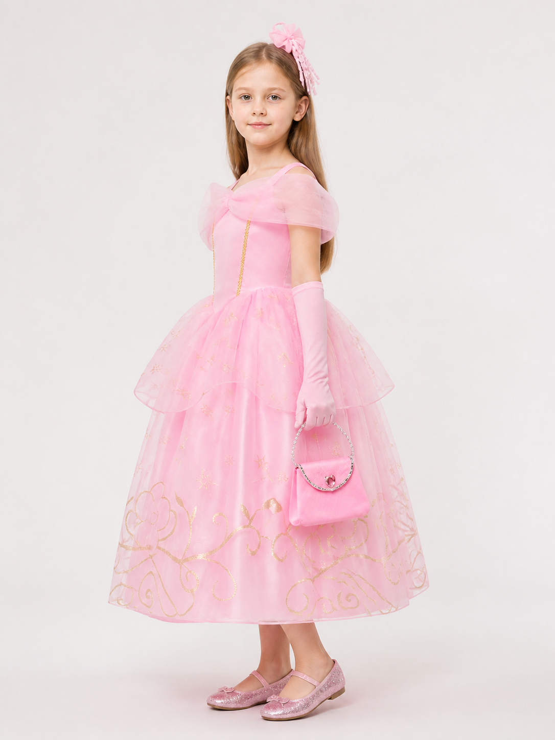 Pink Puffy Girls' Dress with Handbag and Gloves side view