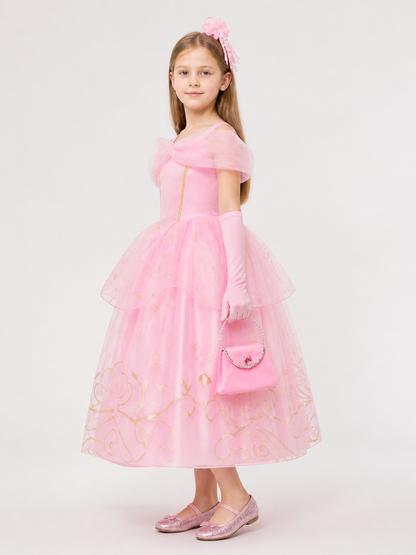 Pink Puffy Girls' Dress with Handbag and Gloves side view