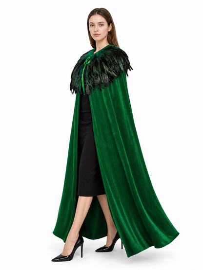Green Carnival Cloak with Feather Trim