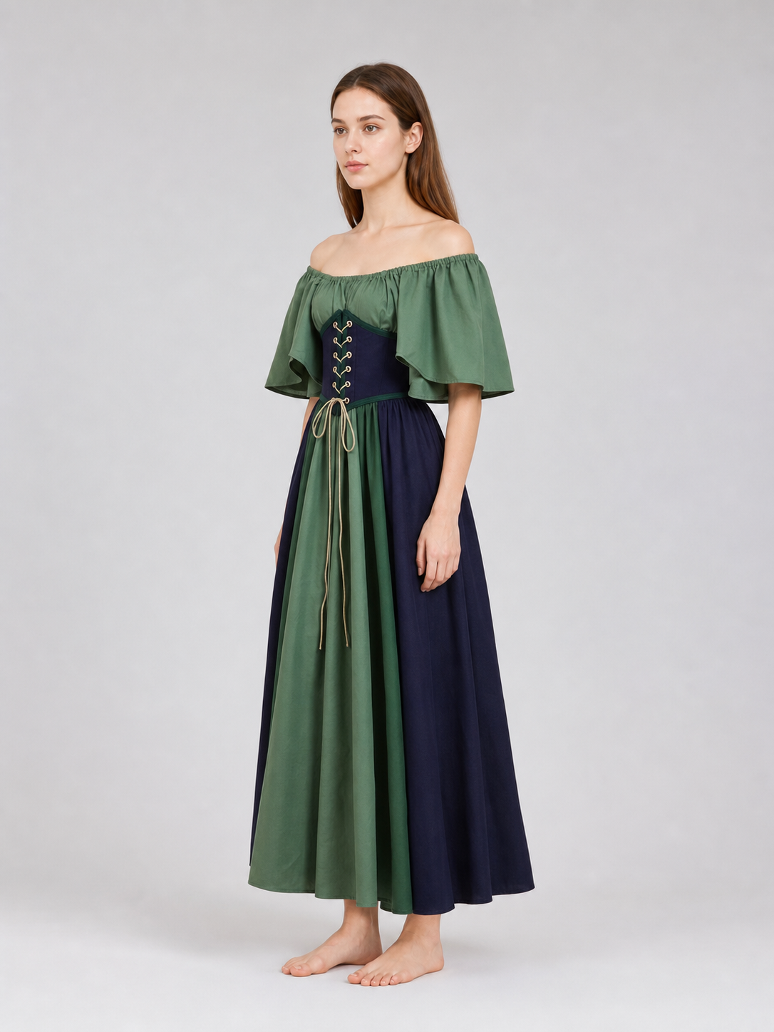 Off-the-Shoulder Dress with Sleeves and Lace-Up Detailing