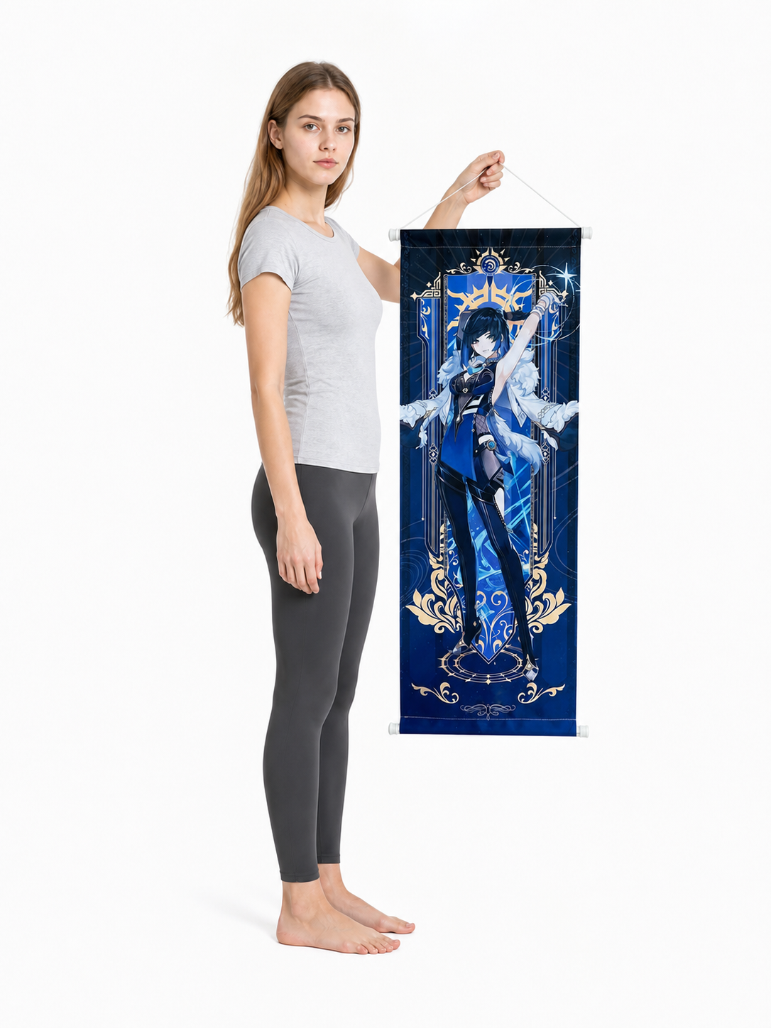 Wall Scroll with an Anime Character from a Video Game side view