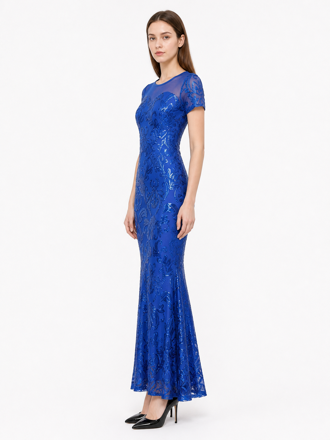 Long Blue Floral Dress with a Fitted Bodice and Flared Skirt side view