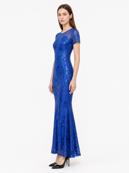 Long Blue Floral Dress with a Fitted Bodice and Flared Skirt side view