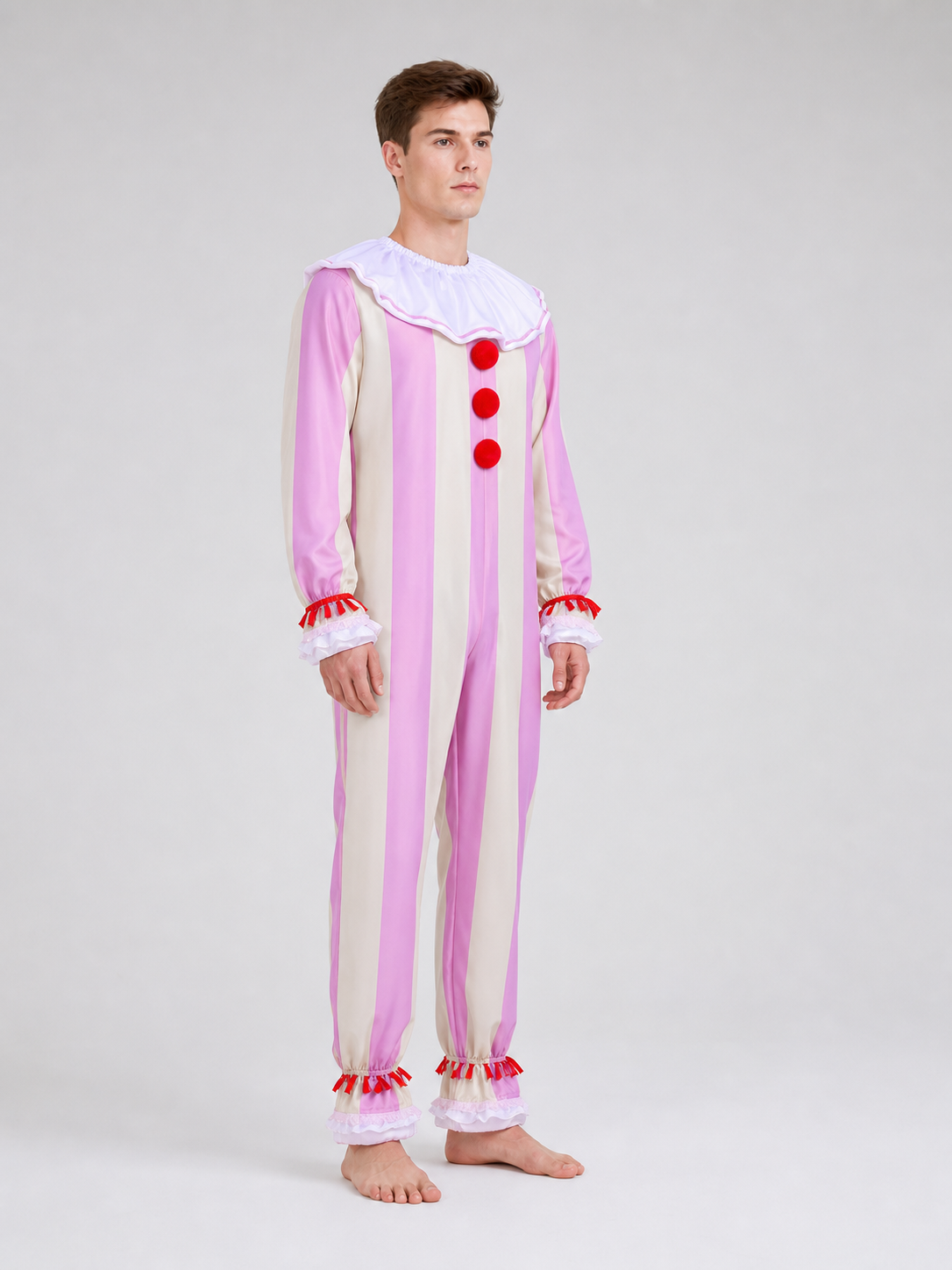 Pink-and-white striped clown costume for cosplay