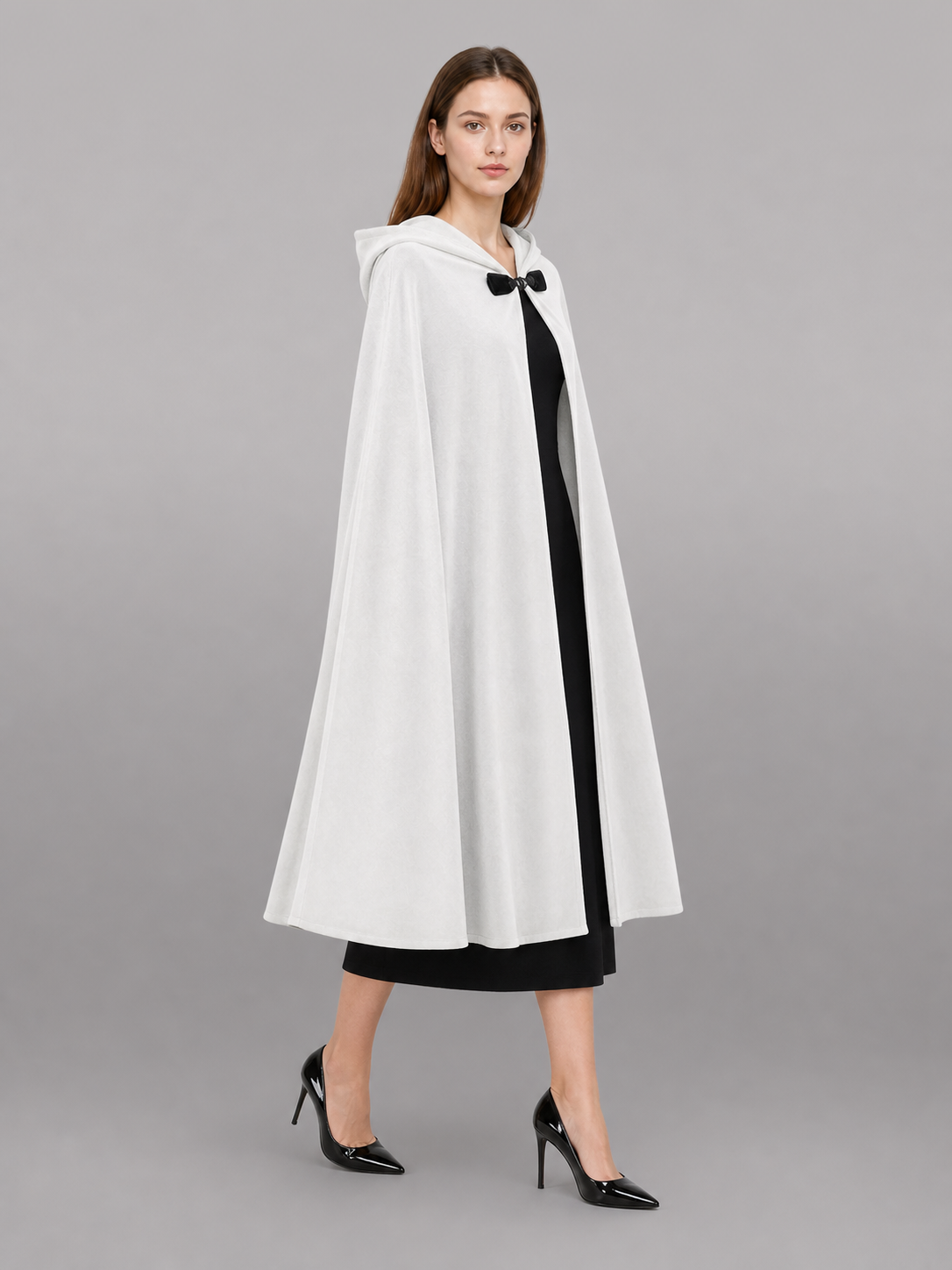 Medieval White Velvet Hooded Long Cloak Cape with Black Bow Tie Front Flared Hem side view