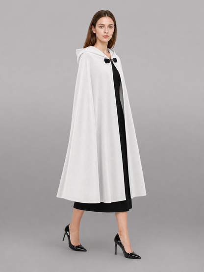 Medieval White Velvet Hooded Long Cloak Cape with Black Bow Tie Front Flared Hem side view