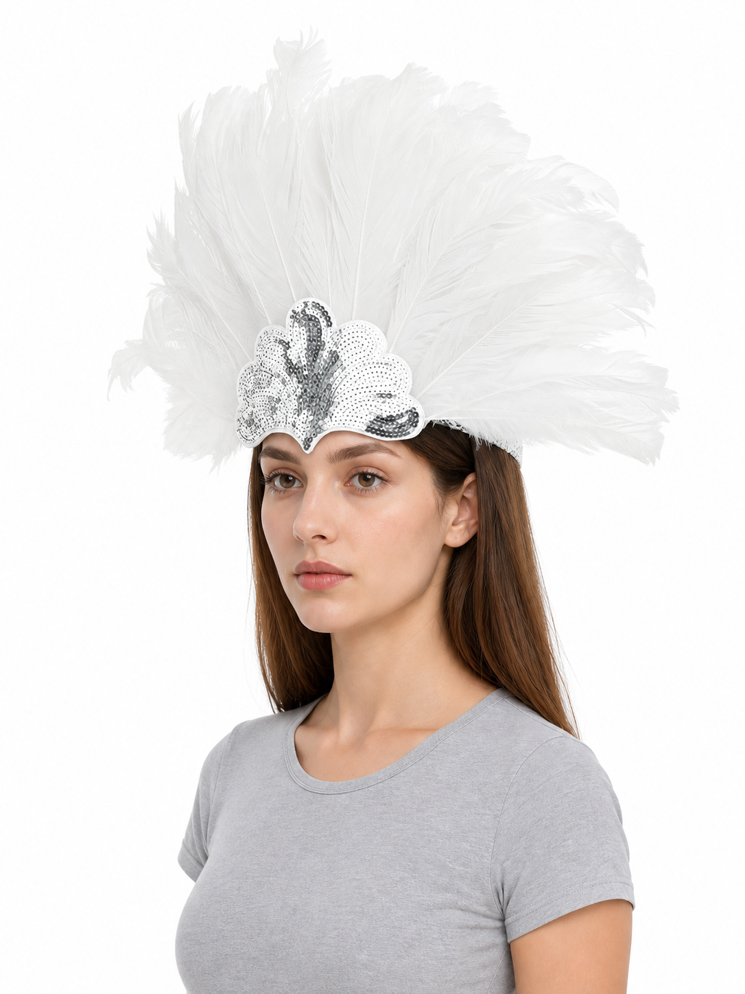White Feather Carnival Headband with Silver Sequins product view 25