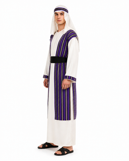 White Arabic Costume with Purple Stripes and Turban side view