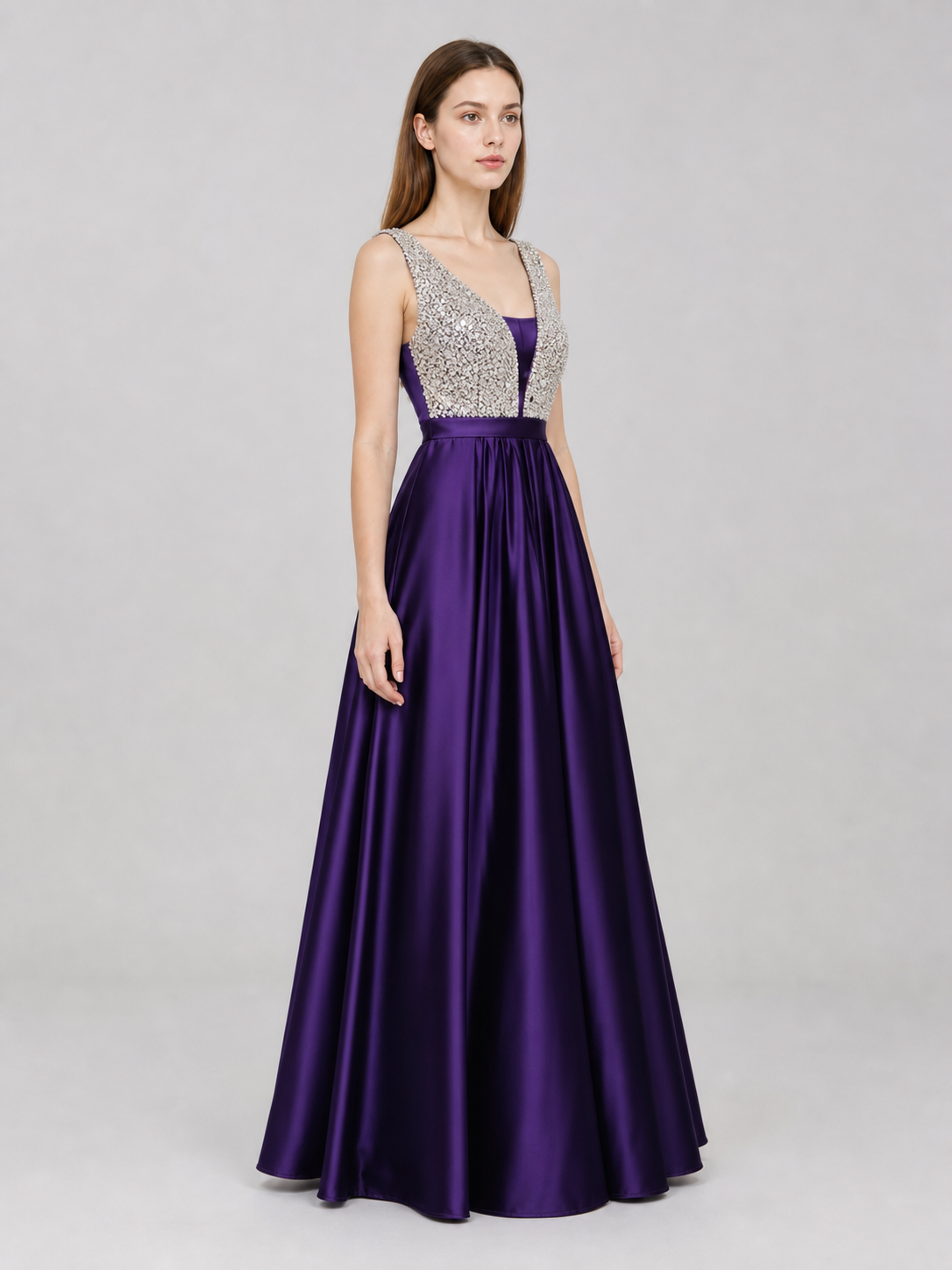 Floor-Length Evening Dress with a V-Neckline