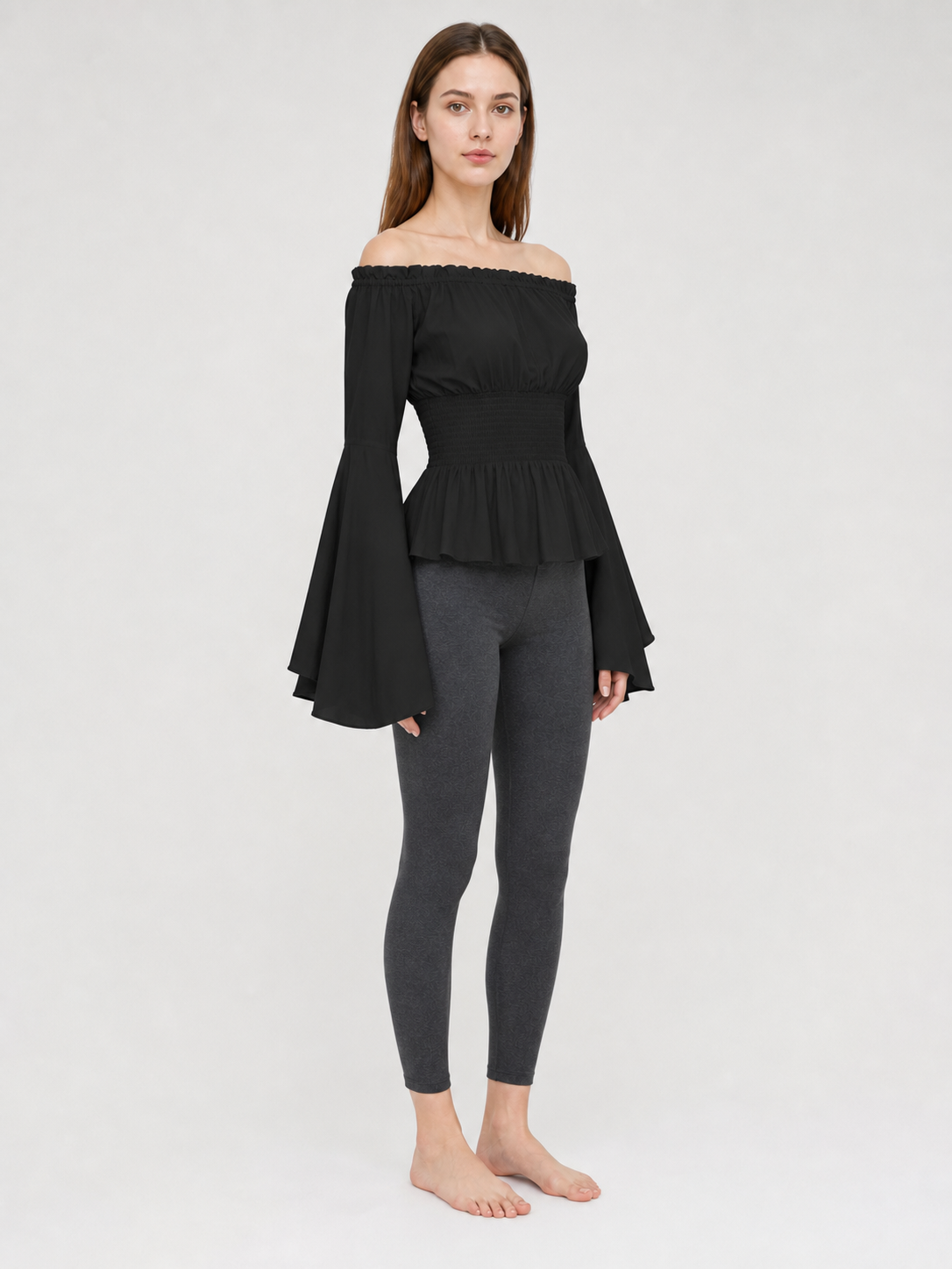 Black Off-the-Shoulder Blouse with Flared Sleeves