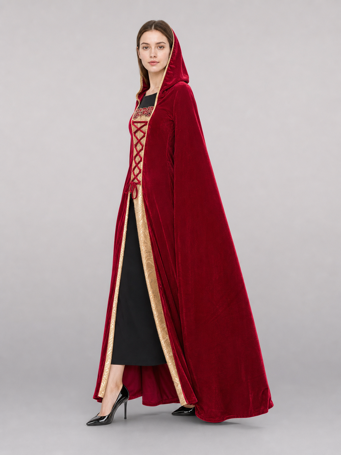 Burgundy carnival hooded cloak for cosplay