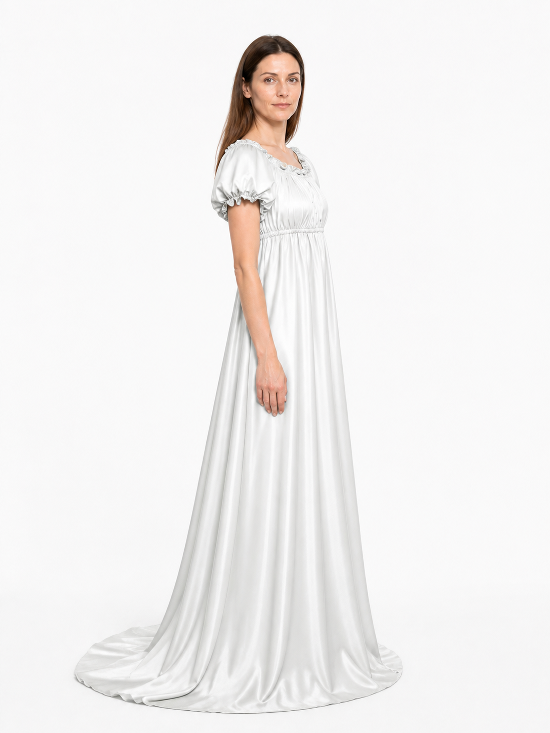 White Long Dress with Train and Puff Sleeves side view